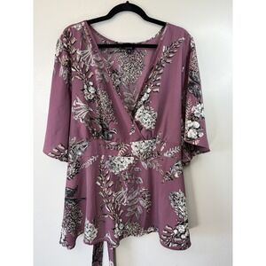 Torrid 3 Mauve Floral V Neck Top With Draped Sleeves And‎ Tie Back